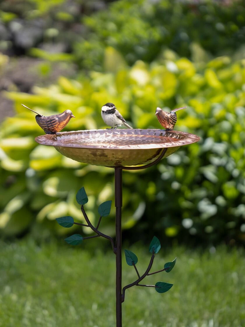 Pure Copper Bird Bath With Two Copper Birds And Tree Multipronged Garden Pole 3 Pure Copper Bird Bath With Two Copper Birds And Tree Multipronged Garden Pole