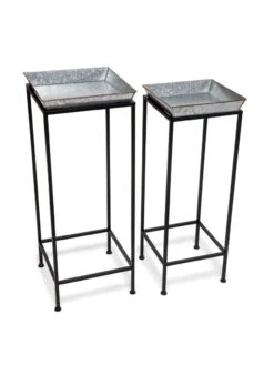 Square Nesting Plant Stands With Galvanized Trays, Set Of 2