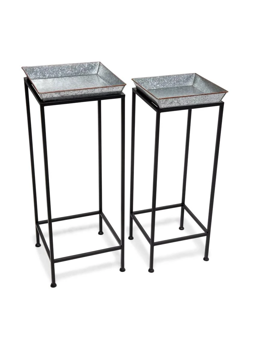 Square Nesting Plant Stands With Galvanized Trays, Set Of 2 3 Square Nesting Plant Stands With Galvanized Trays, Set Of 2