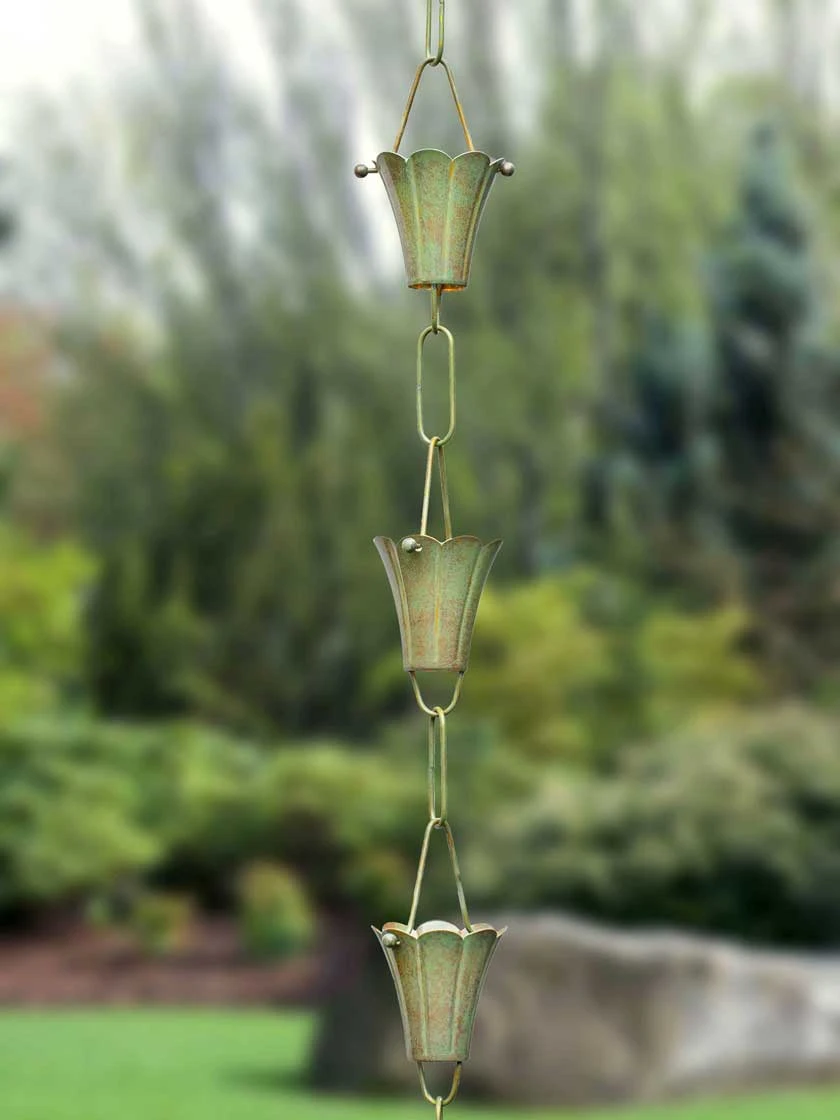 Fluted Flower Pure Copper Rain Chain, 8.5' 3 Fluted Flower Pure Copper Rain Chain, 8.5'