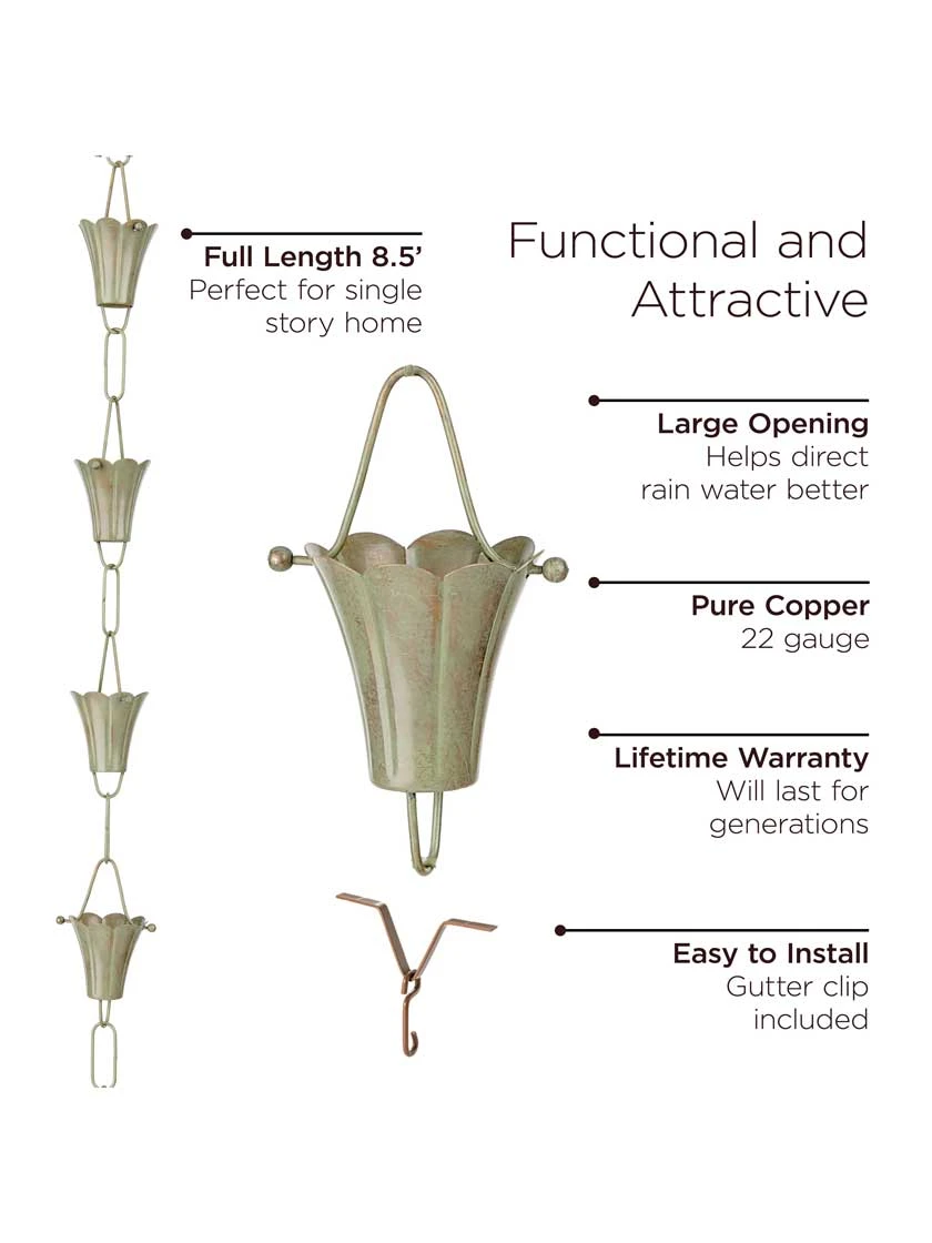 Fluted Flower Pure Copper Rain Chain, 8.5' 9 Fluted Flower Pure Copper Rain Chain, 8.5' - Image 7