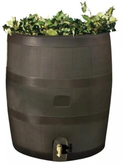 Round Rain Barrel With Planter, 35 Gallons -Garden Care Store 8612856WALNT 01V tif