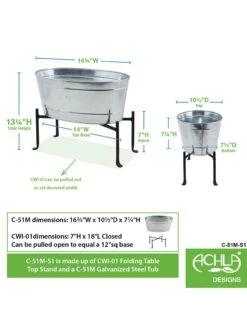 Achla Designs Mini Oval Galvanized Tub With Folding Stand -Garden Care Store 8612906 04v